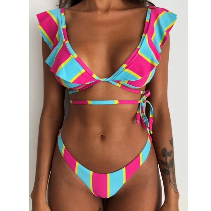 Pink Striped Сексуальные бикини, женская одежда для плавания, комплект бикини с пуш-ап, купальный костюм, Бразильское бикини, Одноцветный купальный костюм с принтом, одежда для плавания, Пляжная женская летняя одежда - Цвет: Pink Striped