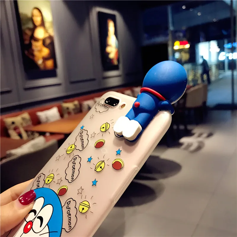 3D Doraemon case For iPhone 8 /8 Plus cute Tempered Glass for 7 plus /7 6 6s doll clear cover cartoon color film +rope |