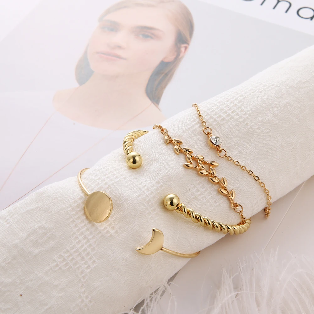 4 шт./компл. модные золотые браслеты с листьями кристаллами геометрический