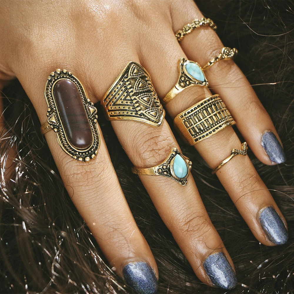 FANHUA 8pcs/set Bohemia Vintage Punk Midi Rings Brown Gold Silver Color Knuckle Ring Blue Stone Set Jewelry Accessories | Украшения и