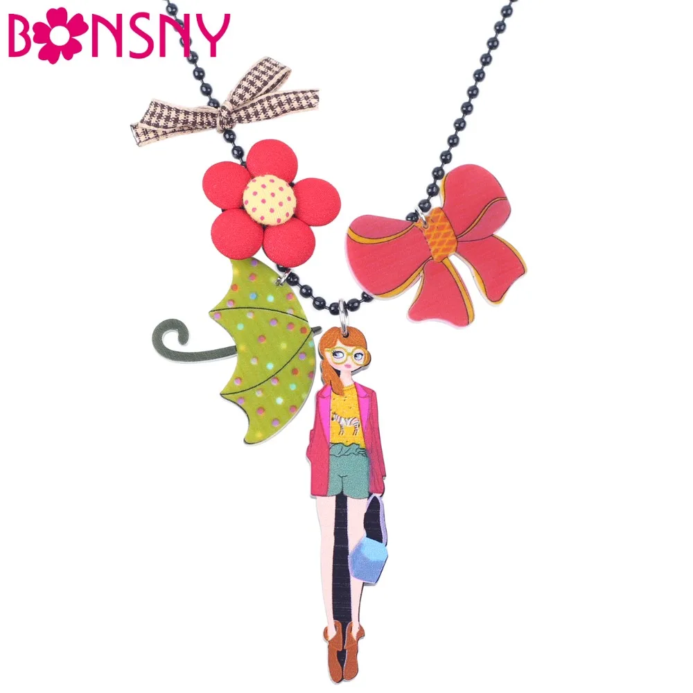 Bonsny Длинная цепочка ручной работы девушка цветок Зонт Лук Подвеска брендовый