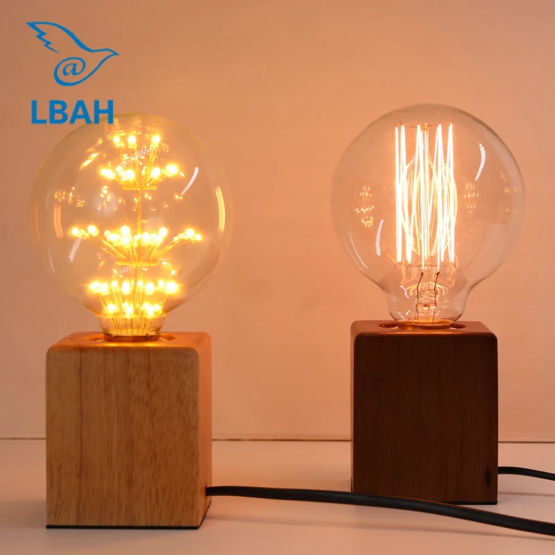 

LBAH Vintage Edison bulb Incandescent E27 Table Lamp Bedside Cafe Night Light Solid Wooden Lamp holder EU/US Plug