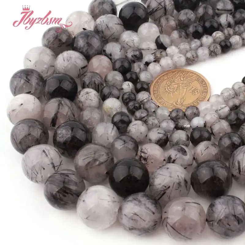 

6,8,10mm Natural Black Round Rutilated Smooth Natural Stone Beads For DIY Necklace Bracelats Jewelry Making 15" Free Shipping