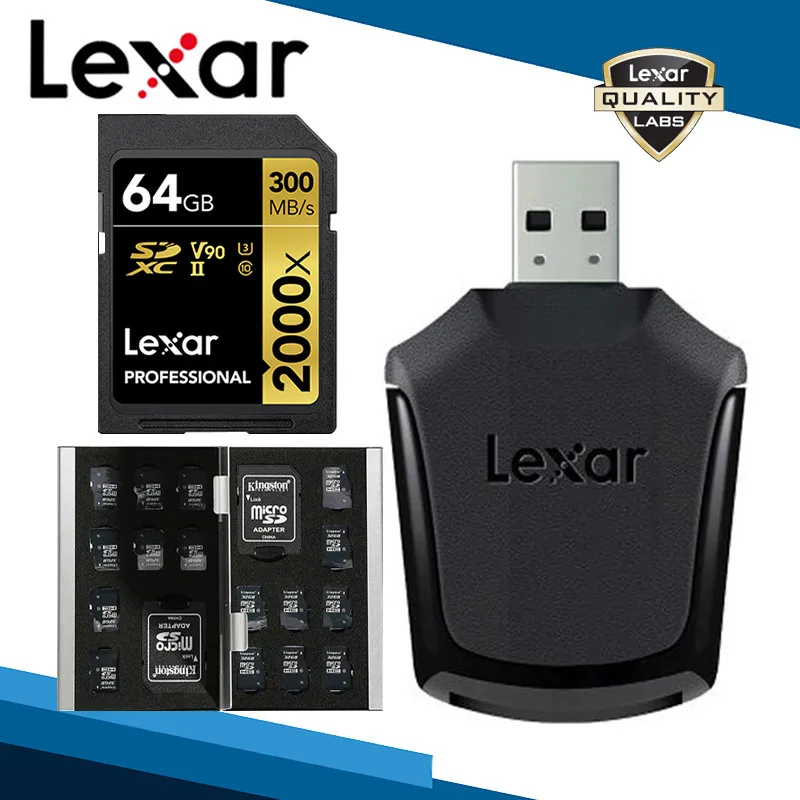 64GB Lexar sd-карта+ кард-ридер+ чехол для карт 2000x SDXC карта памяти 32 Гб 64 Гб 128 ГБ высокоскоростная U3 C10 USH II V90 300MBS флеш SD карта - Емкость: 64GB