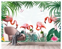 beibehang custom silky wallpaper hand drawn small fresh tropical leaves butterfly flamingo tv background wall papers home decor