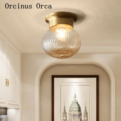 

American all-copper gold small ceiling lamp balcony staircase corridor modern simple classic LED glass ceiling lamp