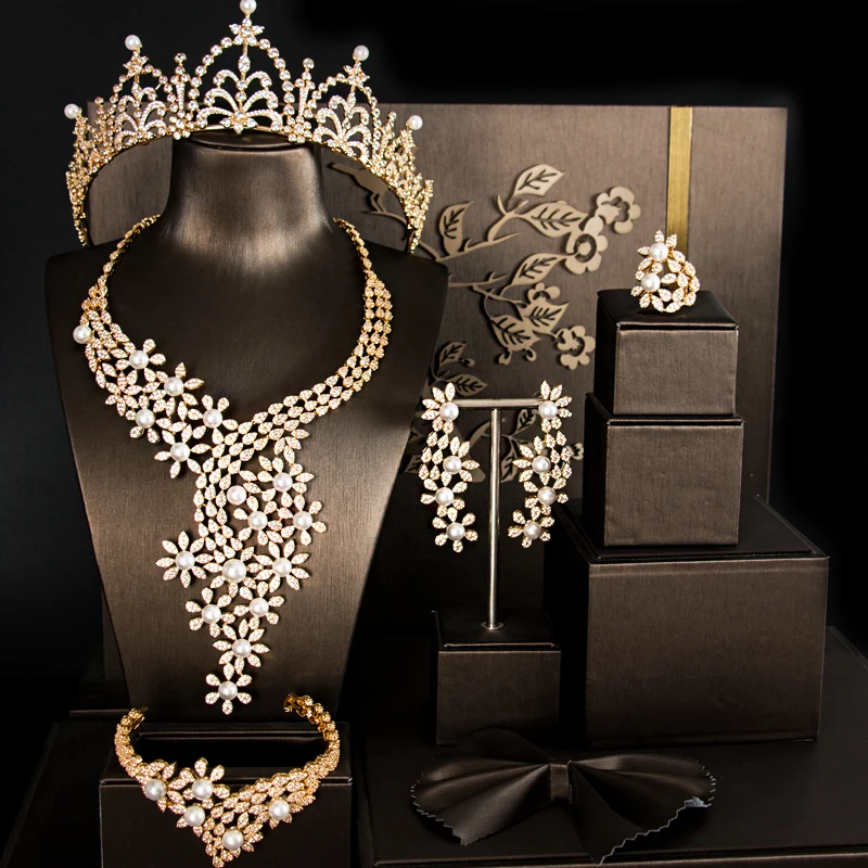 LANFLORA boutique fashion pearl and CZ jewelry set crown wedding luxury cubic zirconia for bridal sets free shipping | Украшения и