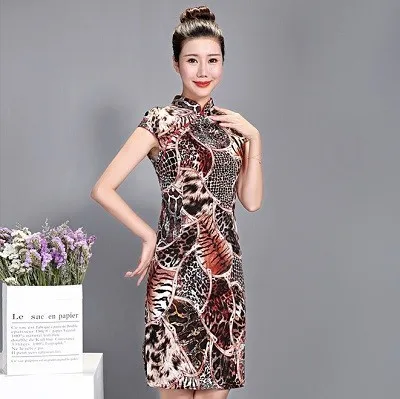 Leopard qipao Sheng Coco женское китайское платье Ципао льняное стрейч Чонсам короткое эластичное элегантное платье в китайском стиле 5XL 4XL традиционное платье цвета C281 - Цвет: Leopard qipao