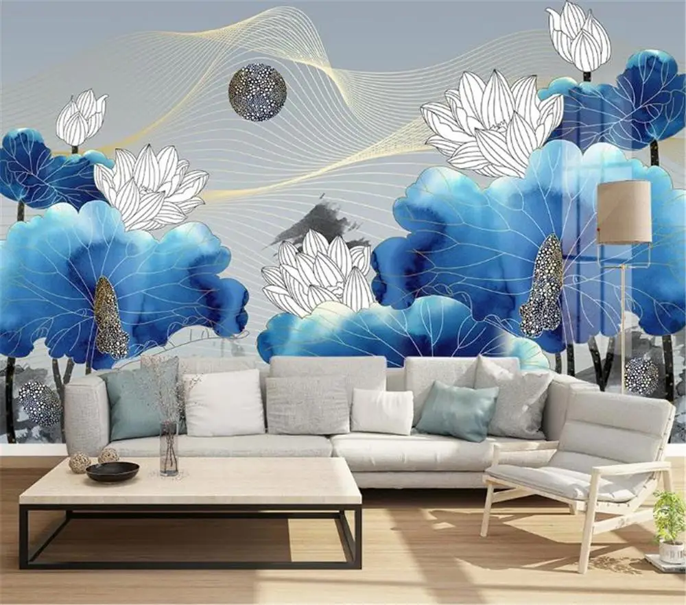 

Пользовательские 3d обои новые китайские линии Рисование чернила Лотос абстрактное искусство свет гостиная спальня фон обои