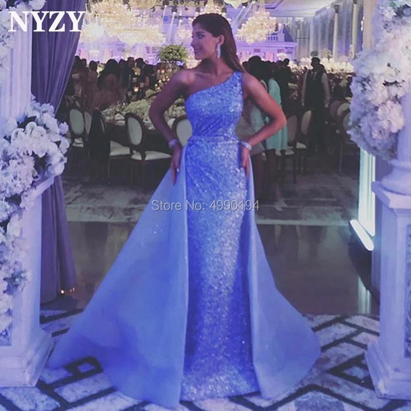 NYZY E103 элегантное платье для помолвки с одним плечом голубое блестками и