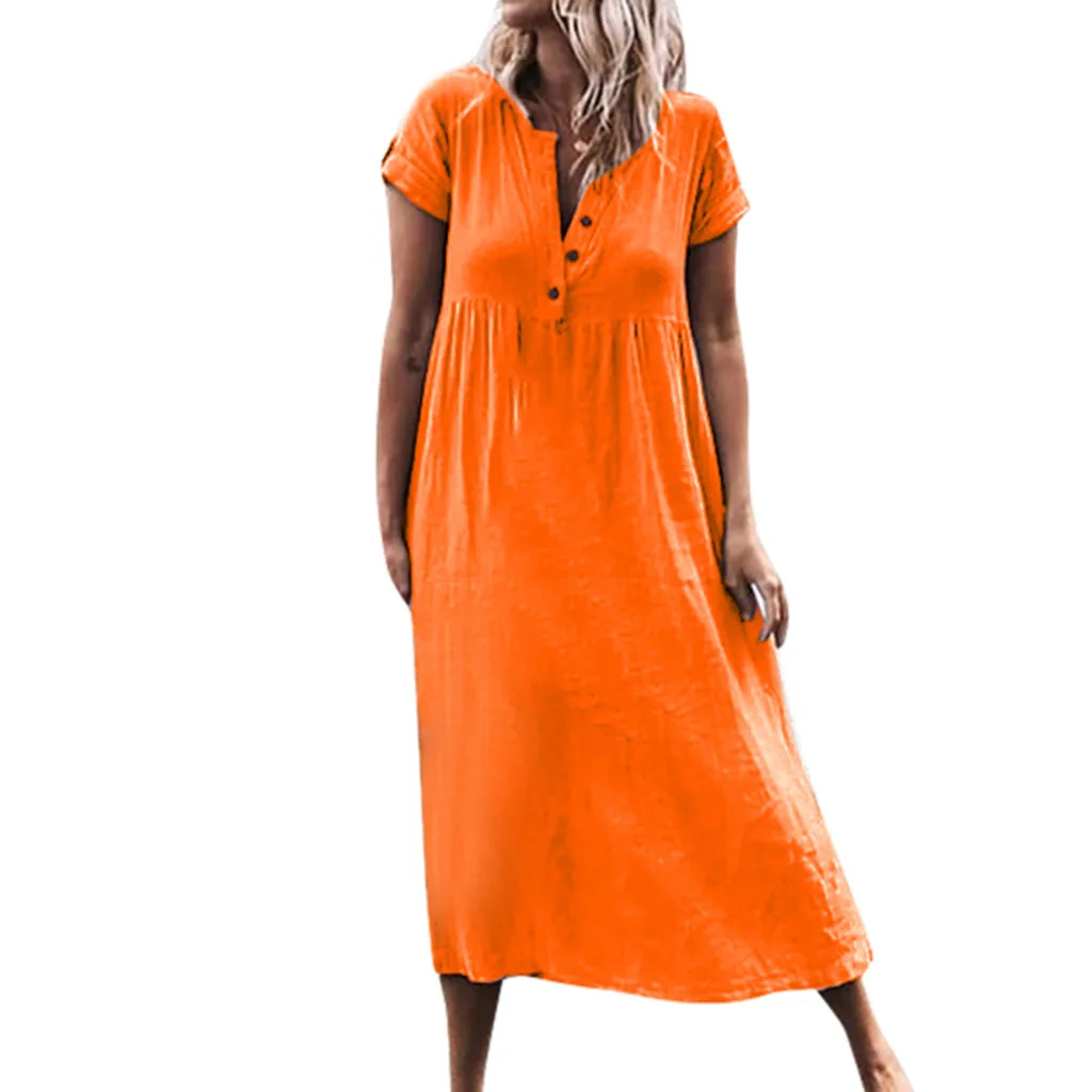 Women 2019 Solid V Neck Dresses Roll Up The Sleeve Dress Splice Button Bohemian Plus Size Casual Summer | Женская одежда