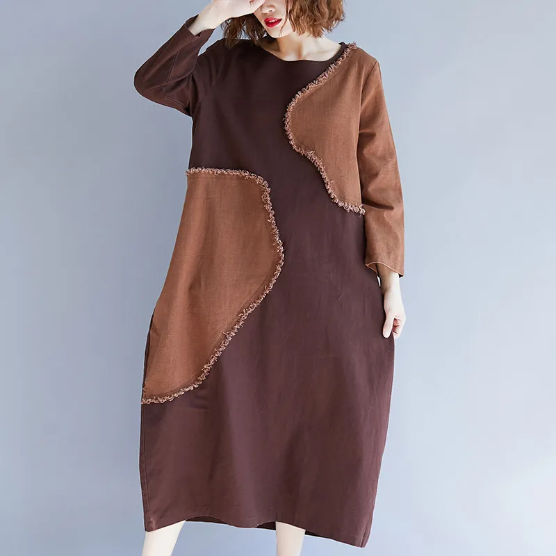 Large size Women Dress 2019 Spring New Fashion long sleeve Tops Summer Loose splice Art Fat MM Cotton linen Dresses TTT058 | Женская