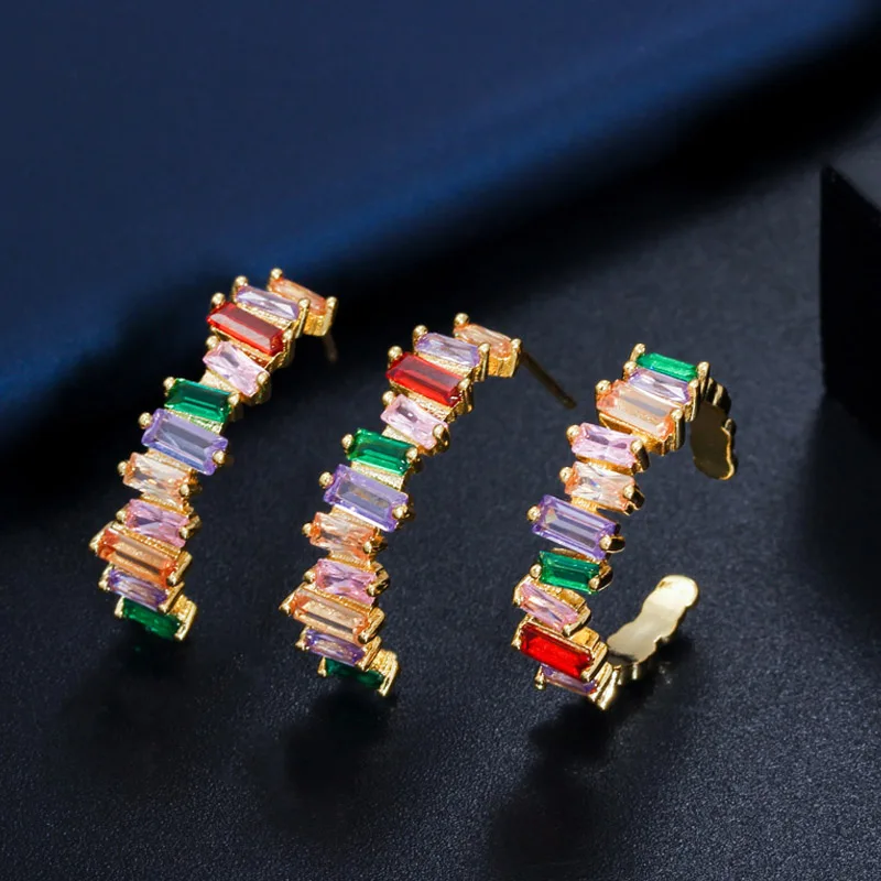 BeaQueen New Irregular Baguette Cubic Zirconia Rainbow Crystal Chic Hoop Earrings Rings Multicolor Jewelry Sets for Women JS201 | Украшения