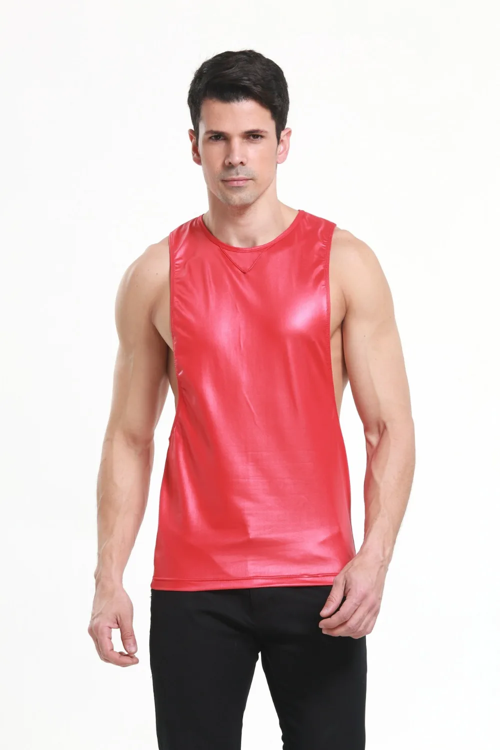 Лето 2018 новые черные/красные мужские сексуальные майки из искусственной кожи для