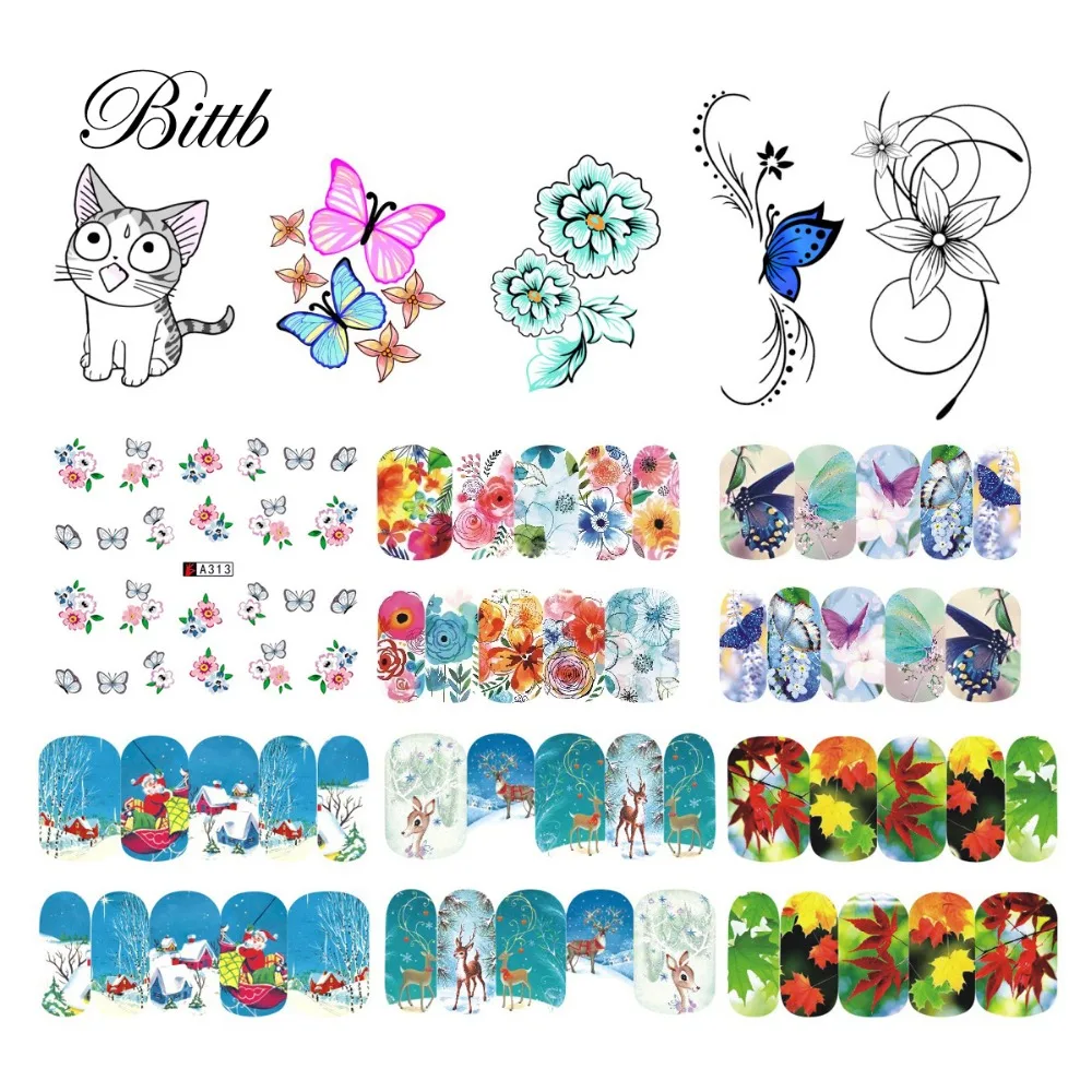 Водные Переводные наклейки для ногтей Bittb 2 шт. с милыми цветами и перьями