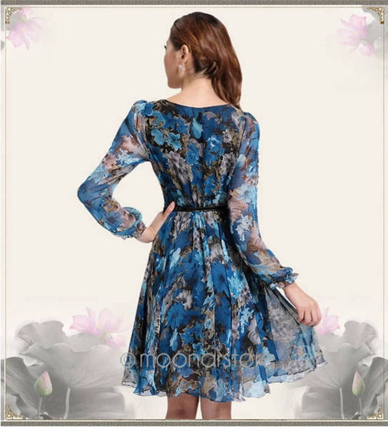 Европейский v образный вырез цветочный принт шифоновое тонкое платье с длинным