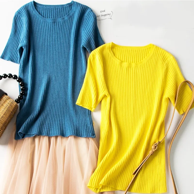 Распродажа летняя женская тонкая эластичная трикотажная футболка в рубчик с