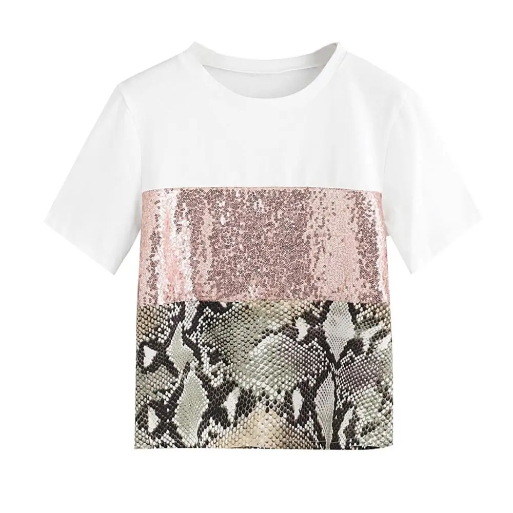 Женская футболка с леопардовым принтом и пайетками женская летняя Новинка 2019