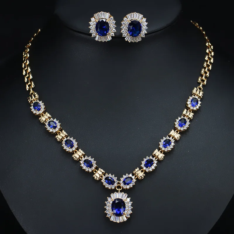 Royal Blue CWWZircons Блестящий Круглый Висячие капли фиолетовый кристалл свадебное ожерелье и серьги набор Дубай золотой цвет свадебные ювелирные изделия T275 - Окраска металла: Royal Blue