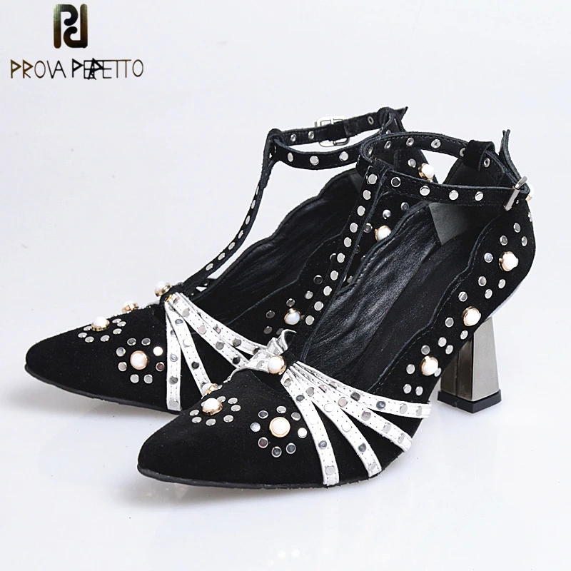 

Prova Perfetto Beauty Pearl Suede Women Pumps Sexy Pointed Toe High Heels Wedding Shoes Woman New T Strap Gladiator Shoes