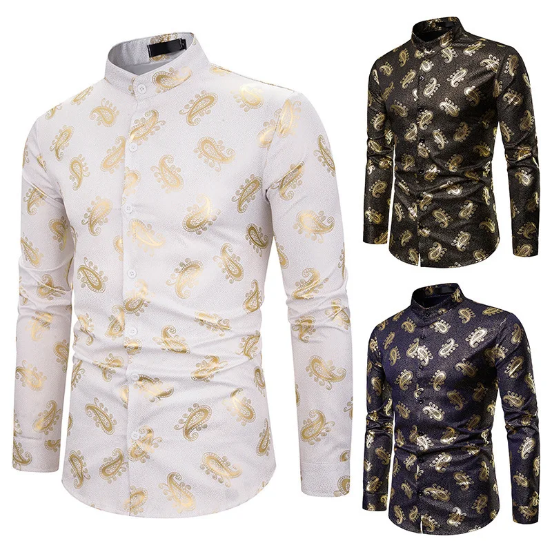 

New Men Casual Wedding night-club dance Dress Shirts Tuxedo Shirt Male Stage Singer Wear Shirt Tops Luxury Gold Foil Print Shirt