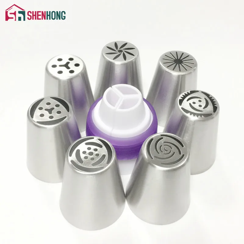 

7PCS Stainless Steel Icing Piping Tips + 1 Adaptor Converter Cake Decorating Russian Nozzles Pastry Kitchen Accessories Tools