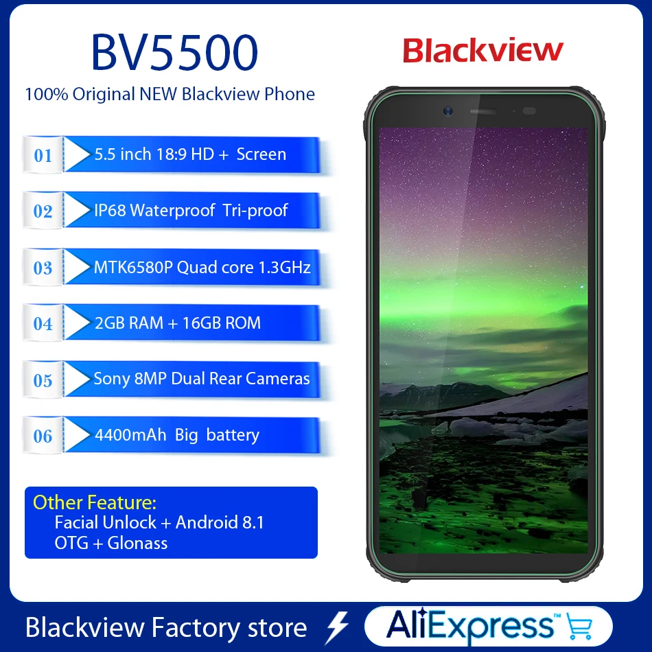 Blackview BV5500 IP68 водонепроницаемый сотовый телефон 5 дюймов 18:9 HD + IPS Android 8 1 3G смартфон