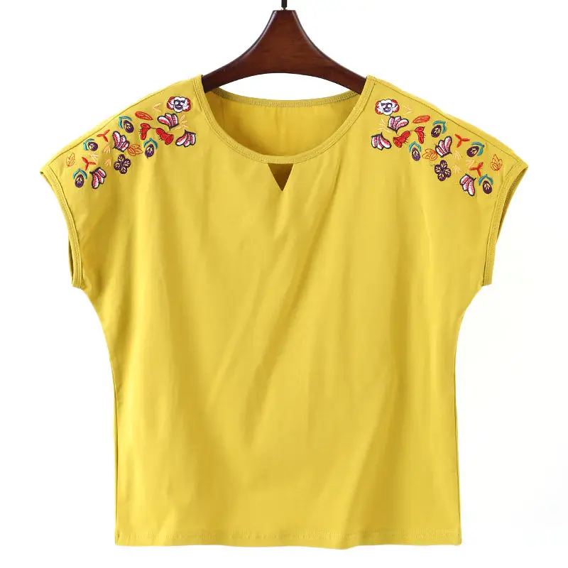 Batwing Sleeve Embroidery Blouse Women Loose Casual Summer Tops 95% Cotton Solid Color White O Neck Ethnic Tees Ladies Clothes | Женская