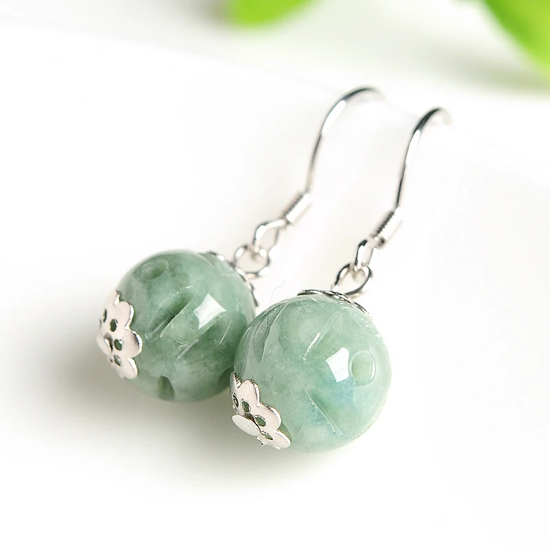 925 silver inlaid natural A goods Tou Le jade Transshipment bead earrings Burmese women hollow Beads Earrings | Украшения и