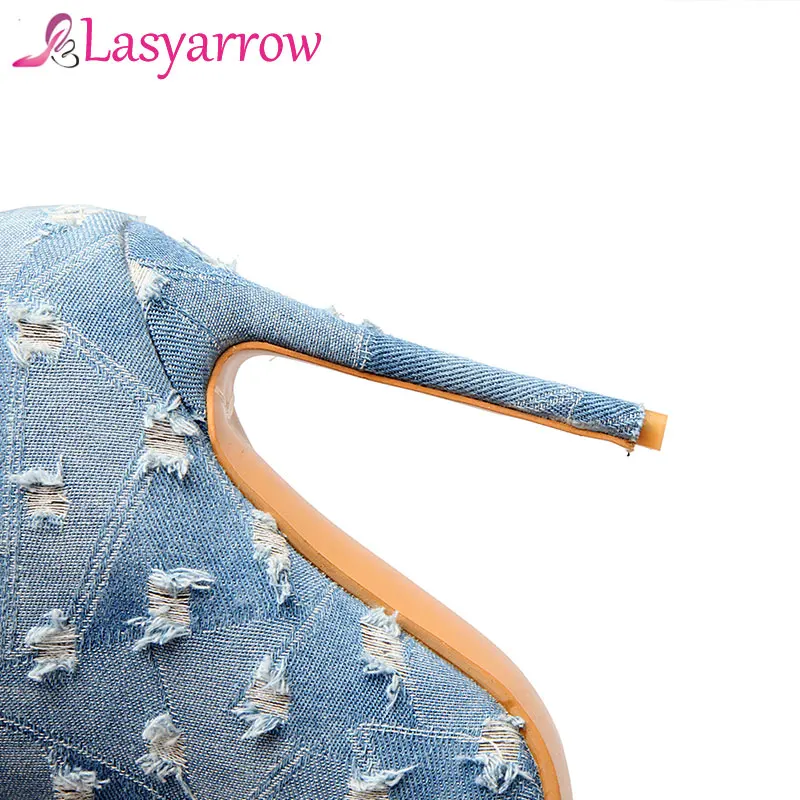 

Lasyarrow Brand Shoes Women Mid Calf Side Zipper High Heel Leisure Pointed Toe Sexy Denim Stiletto Autumn Winter Boots for Women