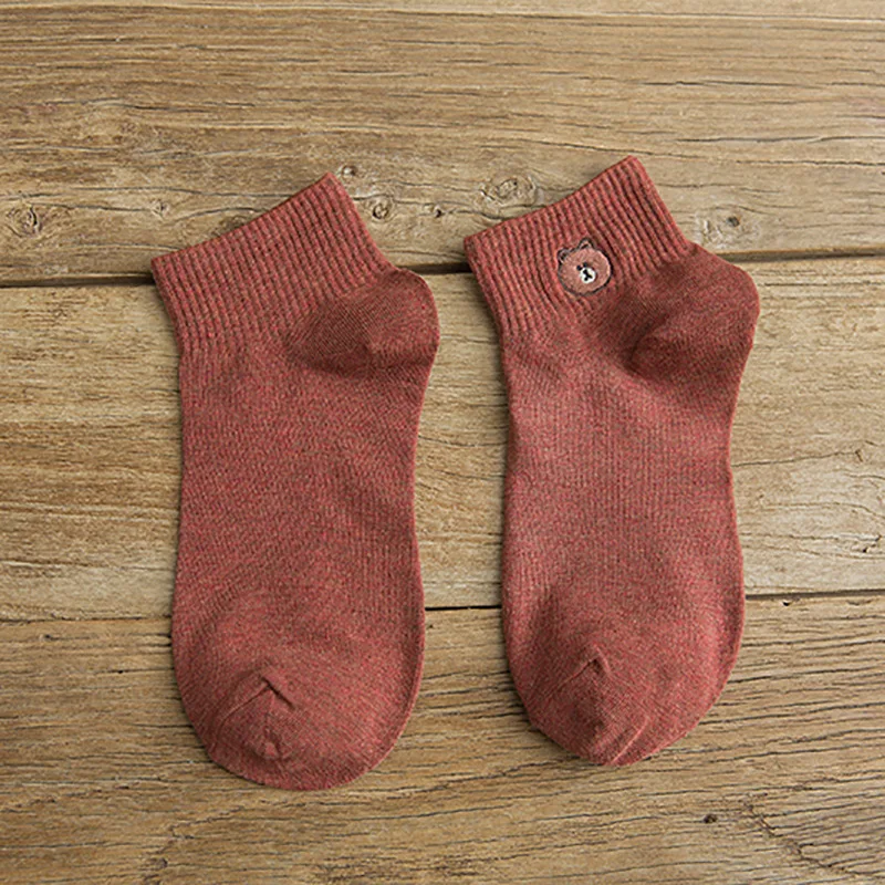 Brown Red 1 пара, женские носки, весна-лето, женские носки, хлопковые, цветные, с милой мультяшной вышивкой, женские модные носки, корейский стиль - Цвет: Brown Red