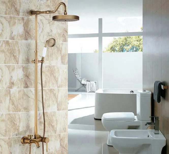 

Vintage Retro Antique Brass Single Handle Lever Bathroom 8 Inch Round Rain Shower Faucet Set Tub Mixer Tap Hand Shower mrs228