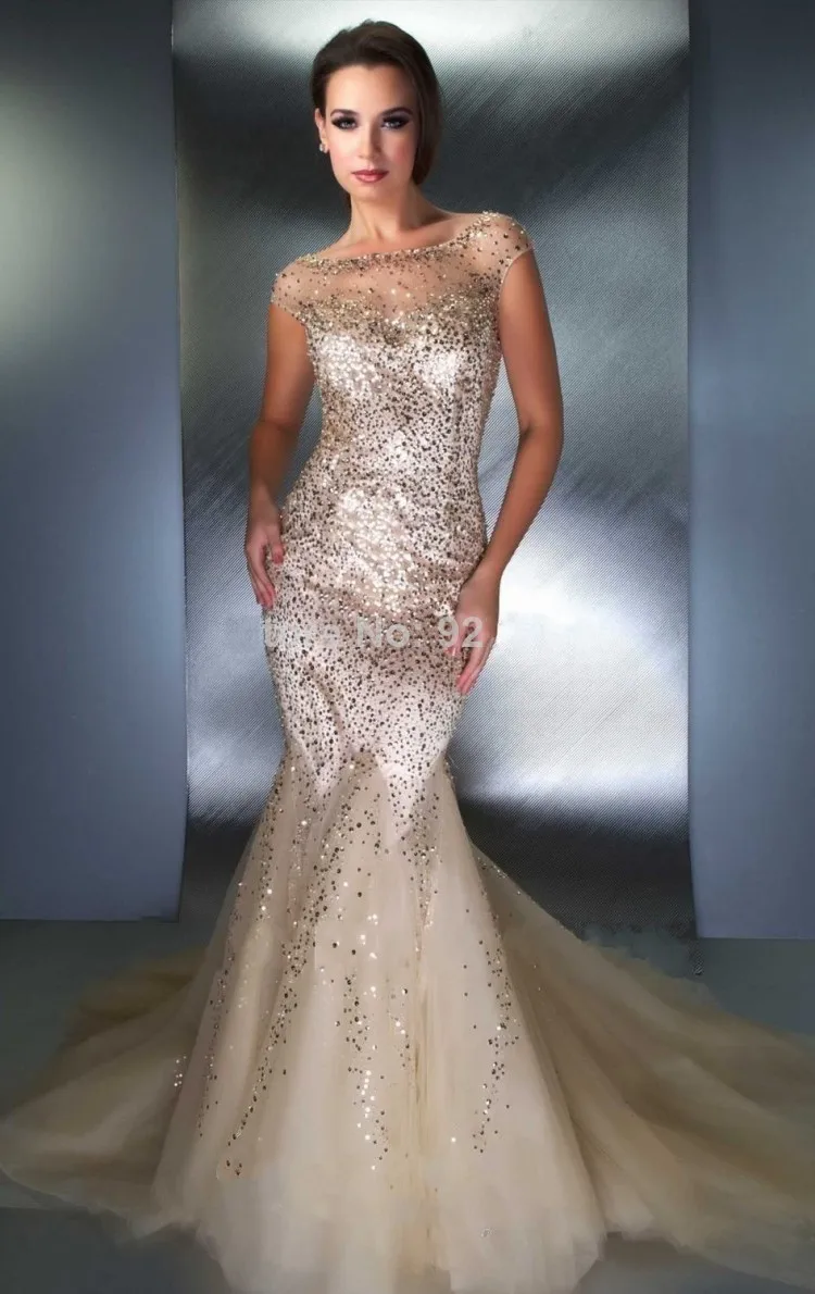 Mermaid Scoop Sexy Open Back Prom Dresses Long Train Nude Tulle Sequined Short Sleeves Gowns | Свадьбы и торжества