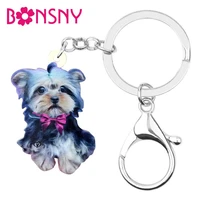 bonsny acrylic cute purple tie yorkshire terrier dog keychain key ring fashion jewelry for women girls charms gift decoration