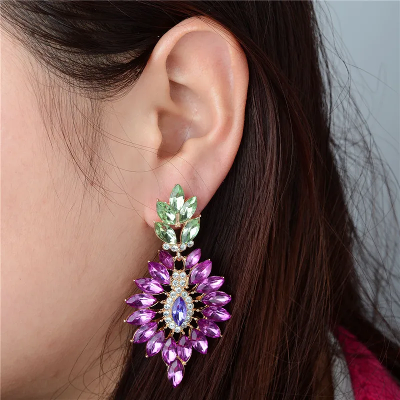 PINKSEE, Роскошные, 1 пара, фиолетовые, с кристаллами, в форме цветка, Большая подвеска, серьги для женщин, для свадебной вечеринки, висячие серьги, модные ювелирные изделия, подарки