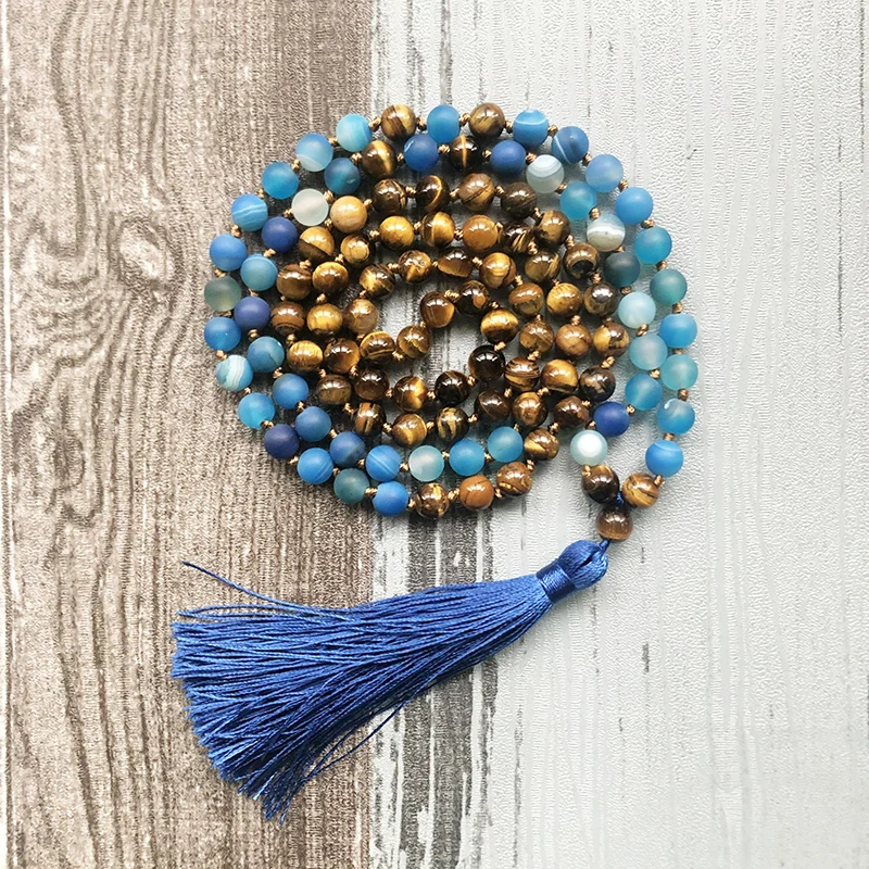 

Handmade Tassel Necklaces Yoga Jewelry Mala Beads Necklace 108 Matte Blue Stripe A-gate & Tiger's Eye Mala Necklace For Men
