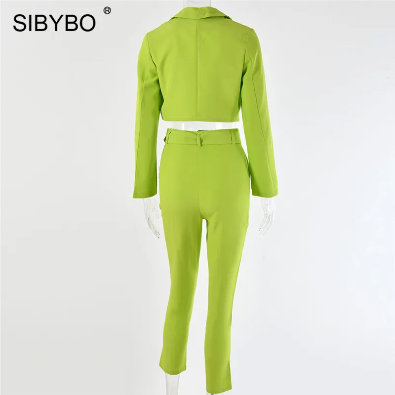 SIBYBO, Осенний Повседневный Женский блейзер с высокой талией, топ и штаны, комплект с длинным рукавом и поясом, сексуальный комплект из двух предметов, Одноцветный Женский комплект с карманами