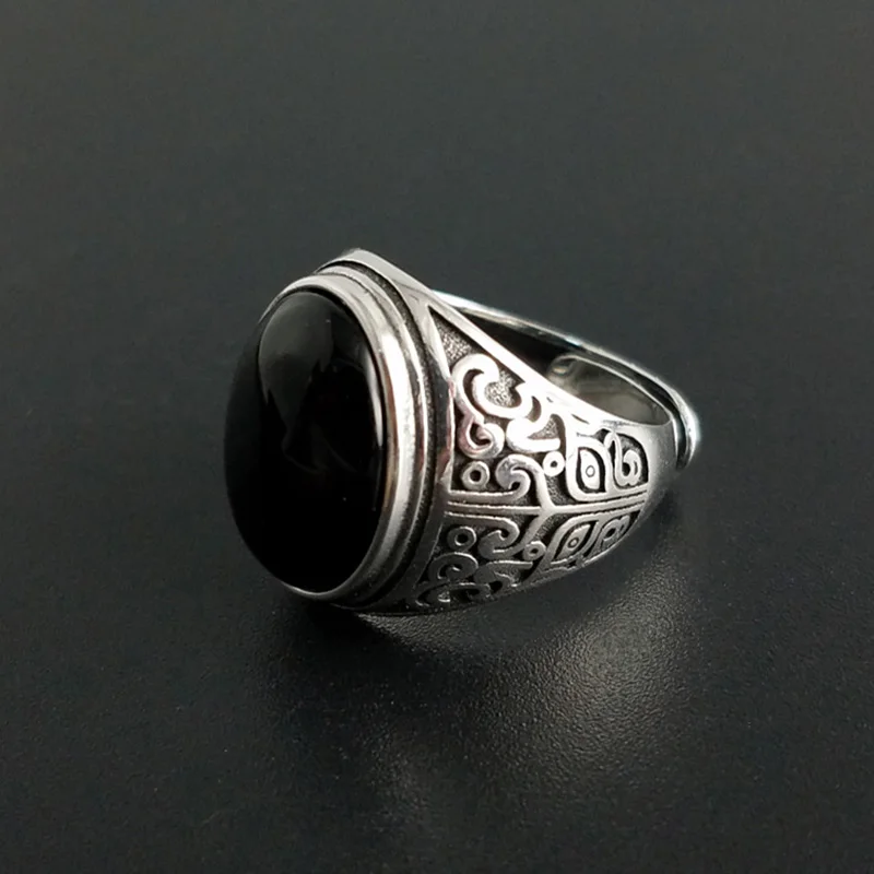 Настоящее чистое 925 пробы Серебряное черное кольцо с натуральный камень оникс Прохладный Ретро Винтаж цветок выгравированы Anelli Uomo