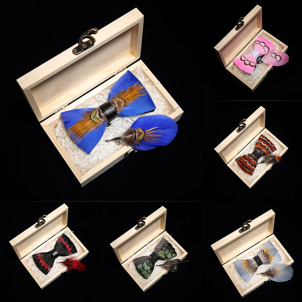 Набор подарочный мужской: галстук-бабочка с перьями павлина JEMYGINS, ручной работы, брошь из кожи с сосной для свадебной вечеринки.