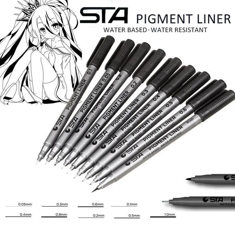 STA пигмент лайнер ручка на водной основе черные чернила Fineliner ручки книги по