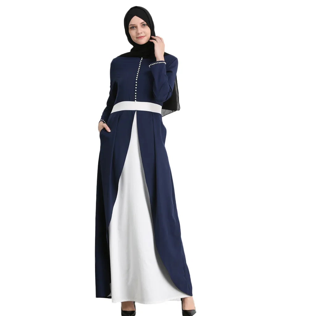 Красивое мусульманское женское платье Abaya Дубай лоскутное с круглым вырезом