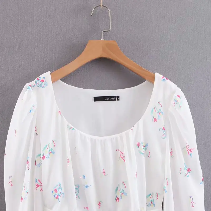 Sexy White Summer Tank Tops Women O Neck Easy Fit Crop Top Lantern Sleeve Sashes Slim Waist Holiday Designer Print Camis Tank