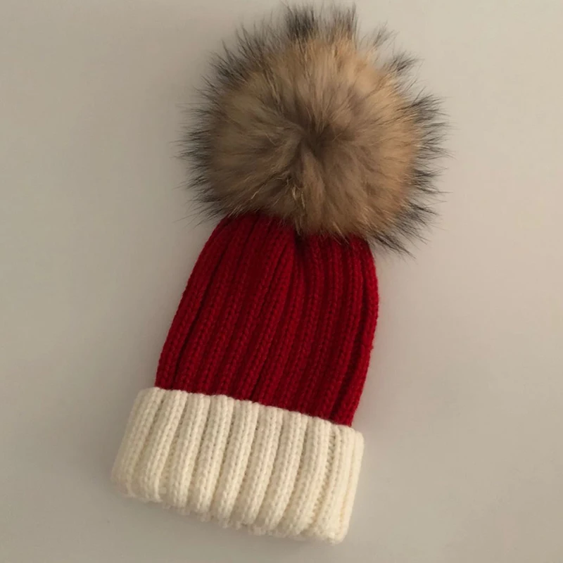Повседневная Новинка, настоящие помпоны из лисьего меха, 15 см, Skullies Beanies, шапки для детей, зимняя шапка для девочек, одноцветная шерстяная хлопковая шапка Skullies Beanies