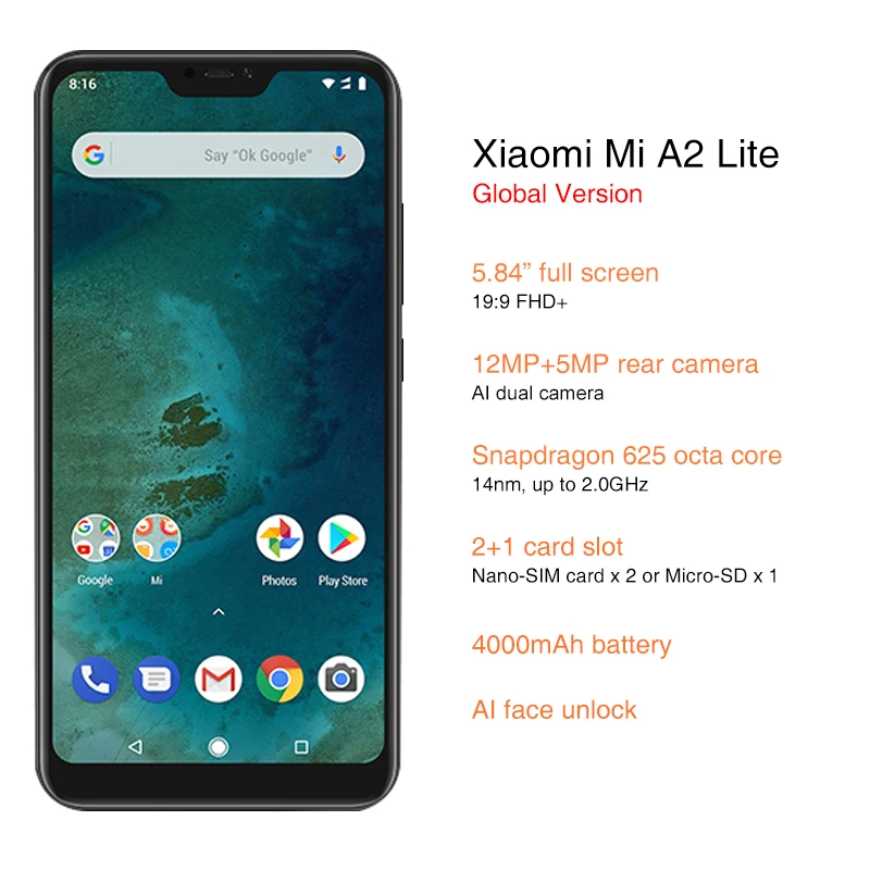 Глобальная версия Xiaomi Mi A2 Lite 3 ГБ 32 5 84 дюйма полный экран Snapdragon 625 Восьмиядерный