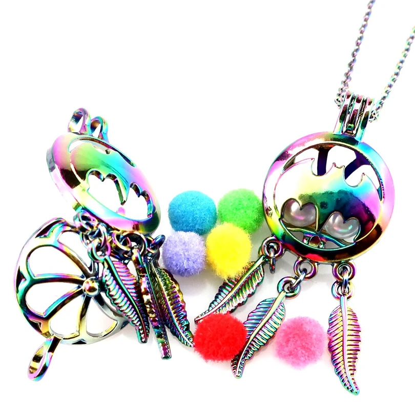 C799 Rainbow Color Dream Catcher Beaty Bat Wing Leaf Cage Pendant Aroma Essential Oil Diffuser Locket Necklace | Украшения и
