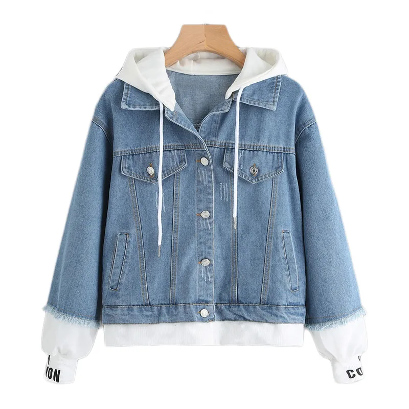 SweatyRocks синий 2 в 1 ребристая трикотажная отделка с капюшоном джинсовая куртка однобортное пальто с буквенным принтом осень Женская Джинсовая Верхняя одежда
