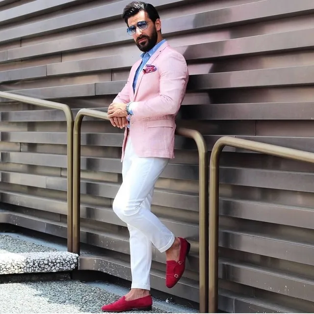 2019 Fashion Pink Jacket White Pants Men's Wedding Beach Summer Suit Groom Tuxedo Groomsmen Dress Slim Fit Men's Suit 2 Pieces