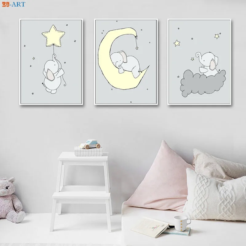 Слон луна и звезды принт для детской плакат холст картины бледно-желтого цвета