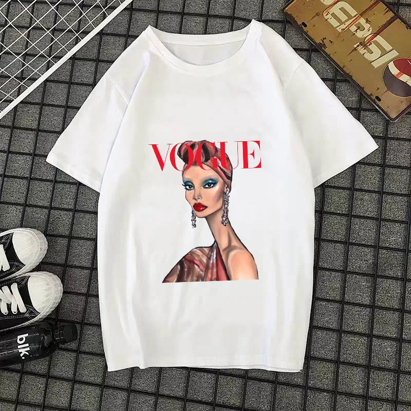 Летняя Новинка, модная женская футболка, VOGUE, с буквенным принтом, Harajuku, футболка с круглым вырезом и коротким рукавом, белые топы, женская одежда