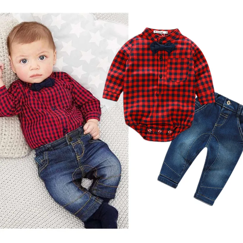 gentleman baby boys clothes fashion clothing set shirt rompers with tie+jeans | Тематическая одежда и униформа